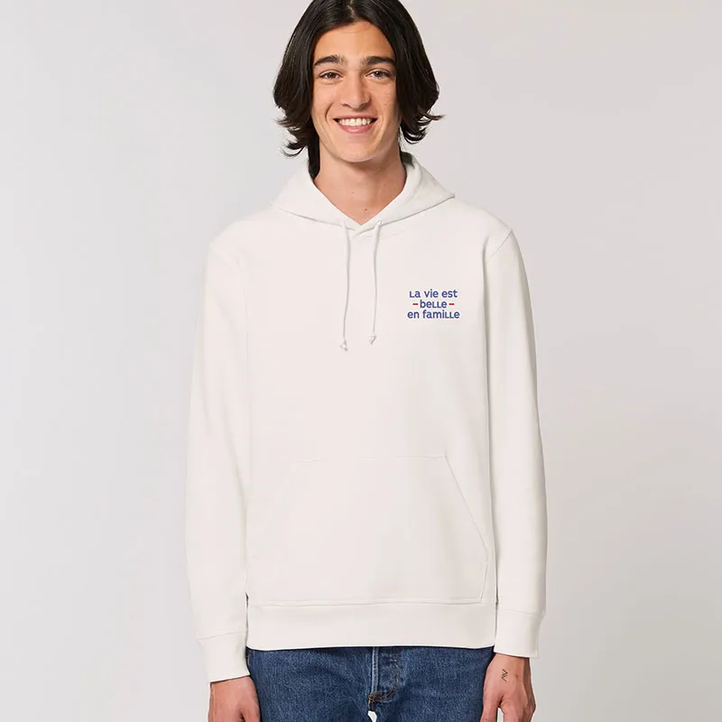 Hoodie Homme La vie est belle en famille coeur BIO - Blanc Vintage-0