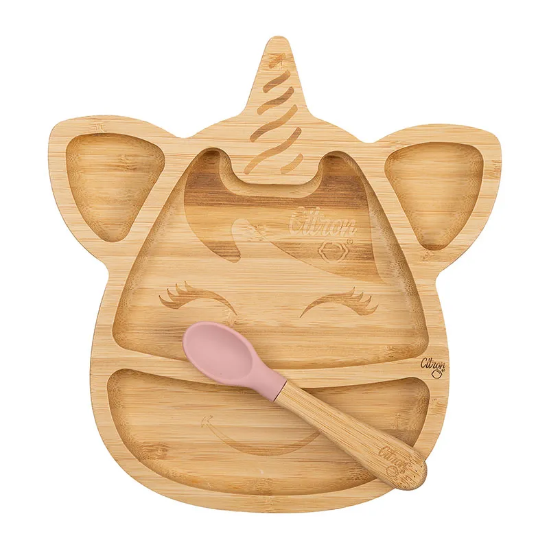 Assiette en bambou ventouse + cuillère Licorne - Rose-0