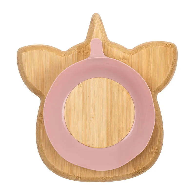 Assiette en bambou ventouse + cuillère Licorne - Rose-1
