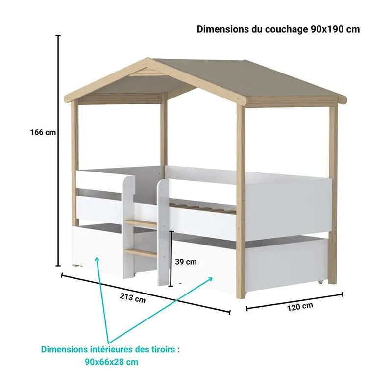 Lit cabane + Sommier Pilotis Blanc/Naturel - 90x190cm-8
