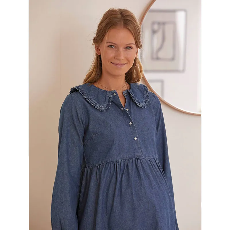 Robe de grossesse/allait Denim col claudine - Bleu-4