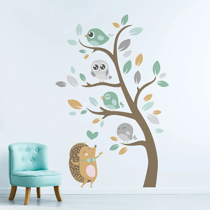 Stickers - Hérisson & Oiseaux Vert/Gris-1