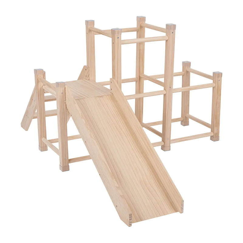Aire de jeux Bois + Toboggan + Cadre d'escalade Naturel - 156x105cm-0