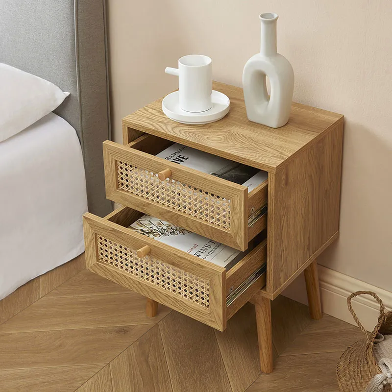 Table de chevet Ines effet chêne & cannage rotin - 40x30x53,5cm-6