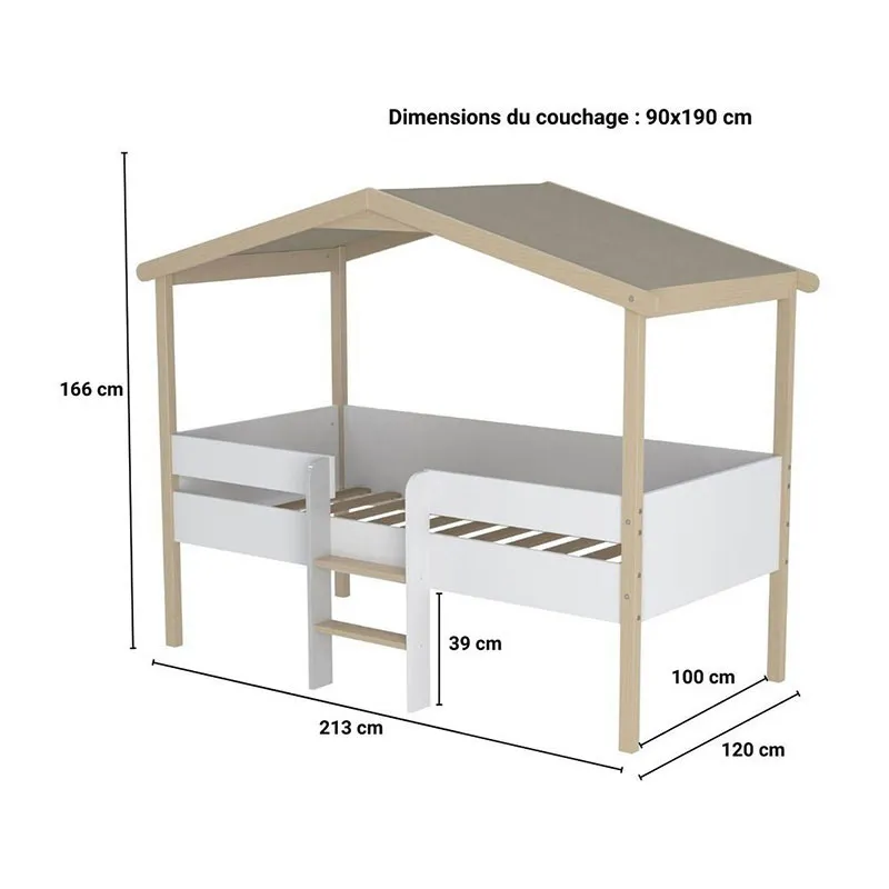 Lit cabane + Sommier Pilotis Blanc/Naturel - 90x190cm-2