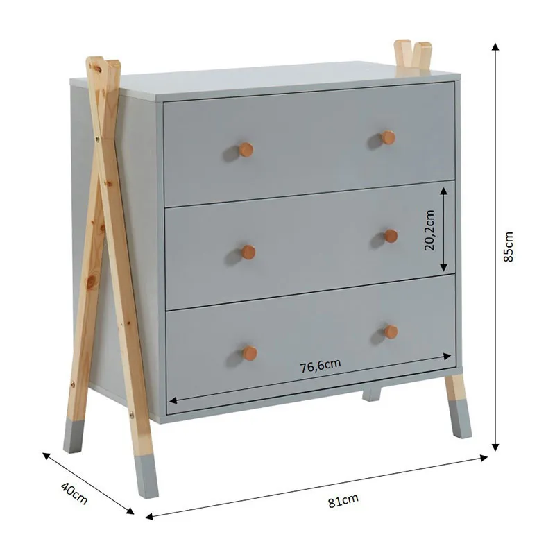 Commode 3 tiroirs Tipi Bois/Gris - 81x40x85cm-5
