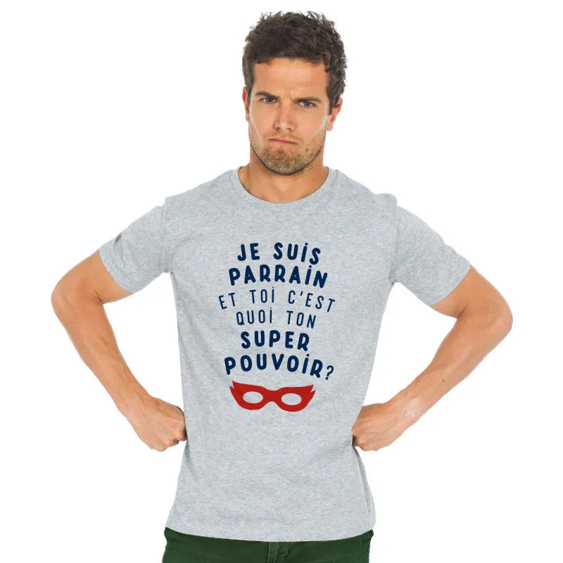 T-shirt Homme Parrain, et toi ton pouvoir? BIO - Gris chiné-0