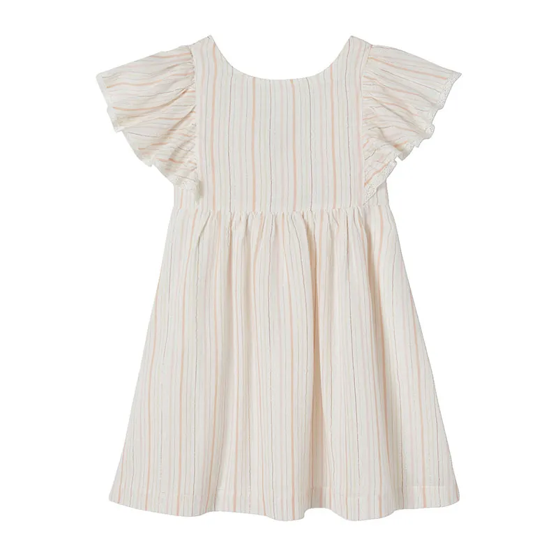 Robe cérémonie rayée fil brillant fille - Écru-0
