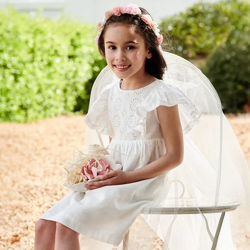 Robe de cérémonie détails broderie anglaise fille - Écru-0