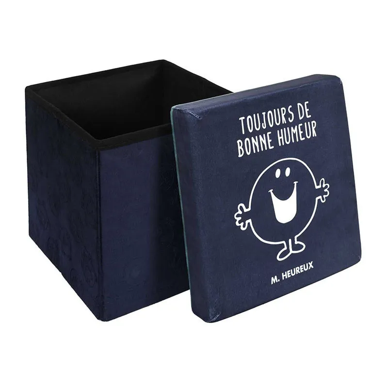 Coffre pouf pliable Monsieur Heureux Bleu - 30x30cm-0