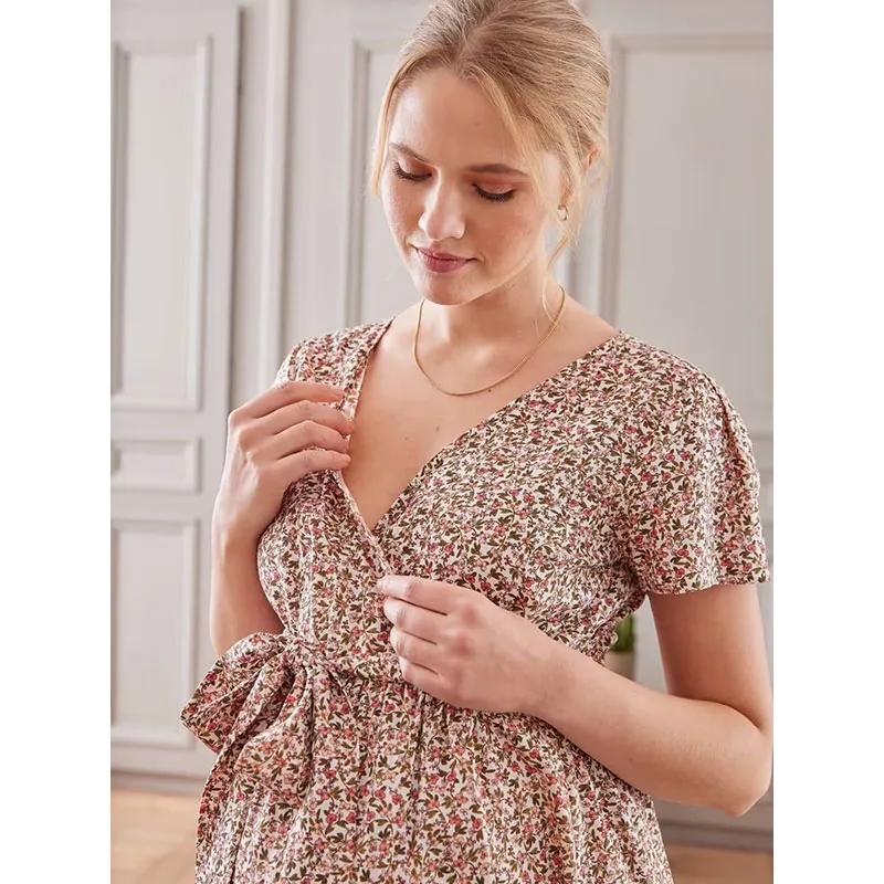 Robe longue de grossesse ceinturee - Ecru-1