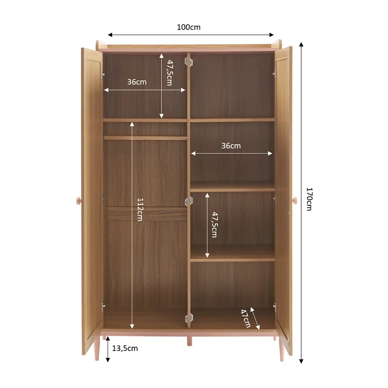 Armoire Pablo rose & cannage rotin 2 portes - 100x47x170cm-6