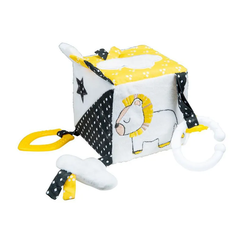 Cube d'activité Peluche & pompon Bleu/Jaune - 10x10x10cm-1
