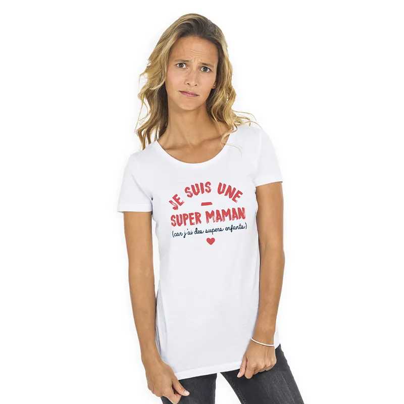 T-shirt Femme Je Suis Une Super Maman Parce Que J'Ai Des Supers Enfants BIO - Blanc-0