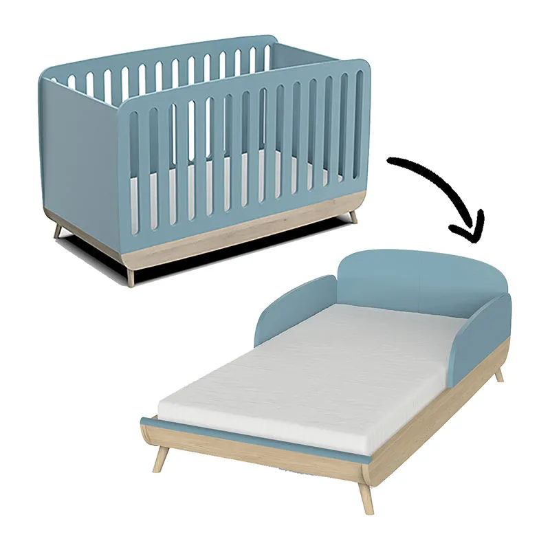 Chambre Duo Lit Bébé évolutif + Commode 2 tiroirs + Plan à langer Bleu orage/Pin - 70x140cm-1