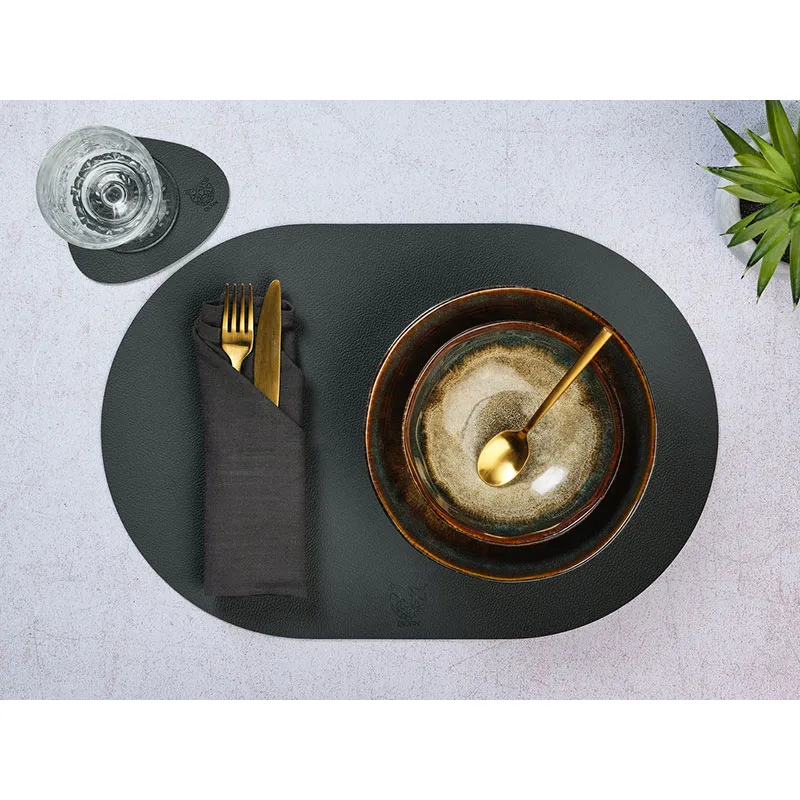 Sets de table ovale Cuir recyclé révers. Bleu nuit/Anthracite - 6pcs-6