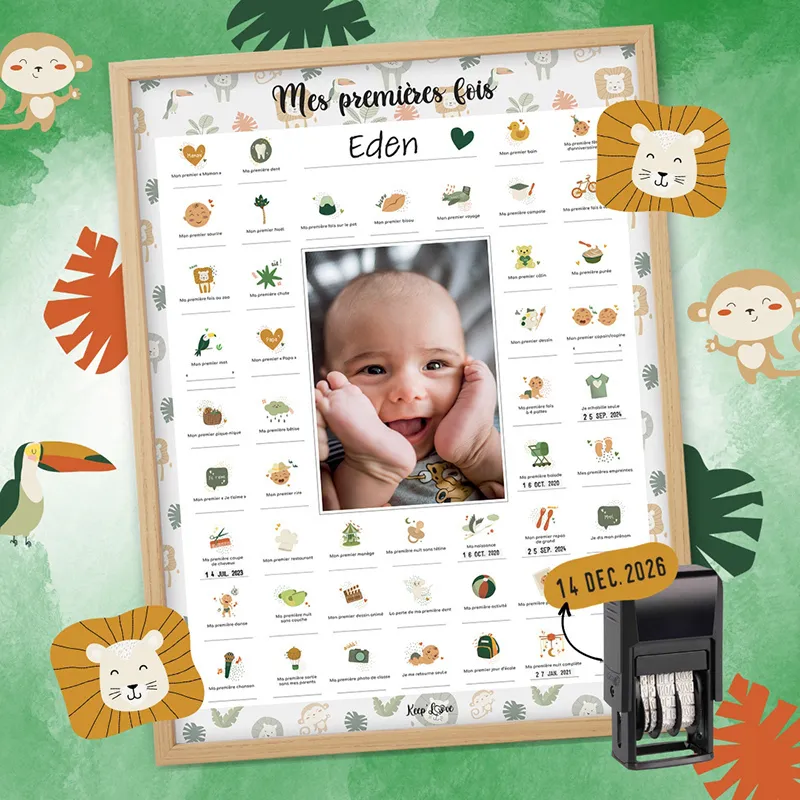 Affiche Mes Premières Fois + Tampon + Cadre Beige - Lion-0
