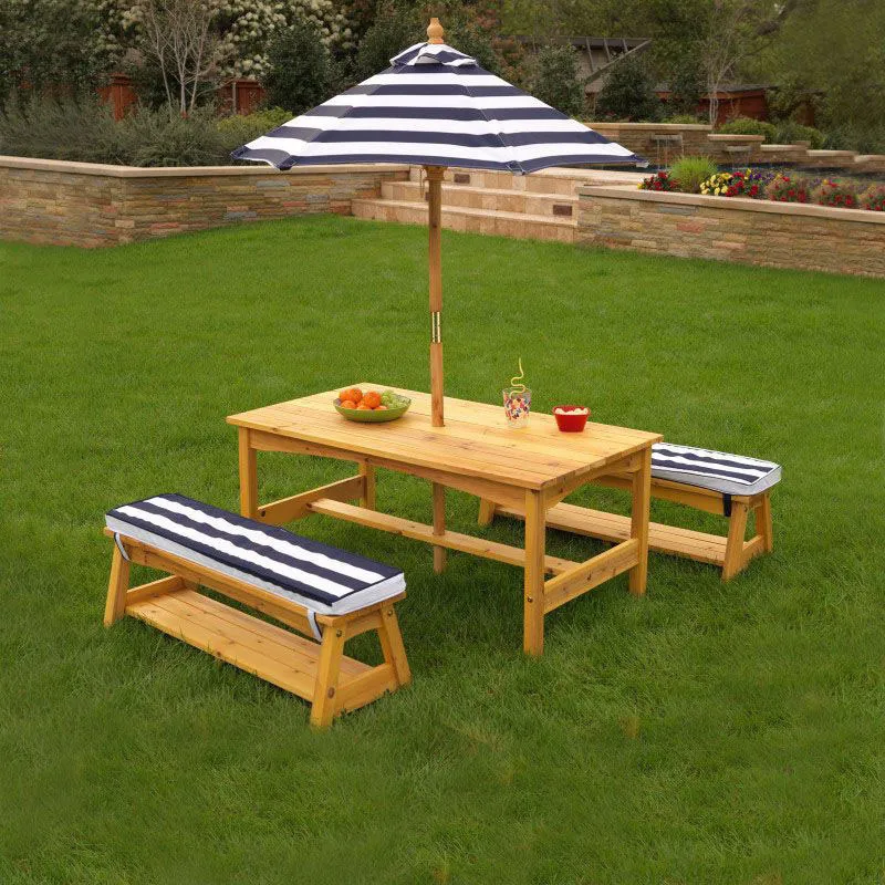 Table de jardin + Bancs + Parasol Marine/Blanc - 36m+-2