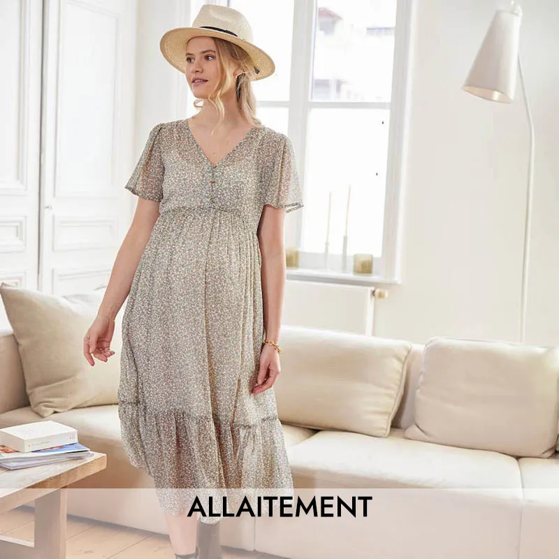 Robe longue de grossesse/allait fleurs - Beige-0
