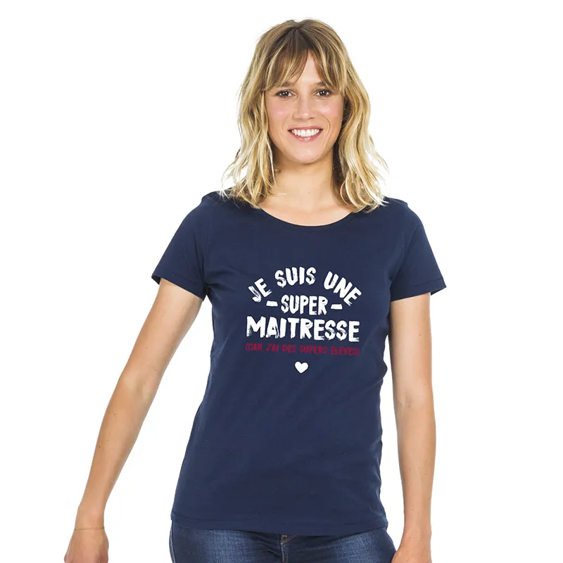 T-shirt Femme BIO Je suis une super maitresse car j'ai des supers élèves - Navy-0