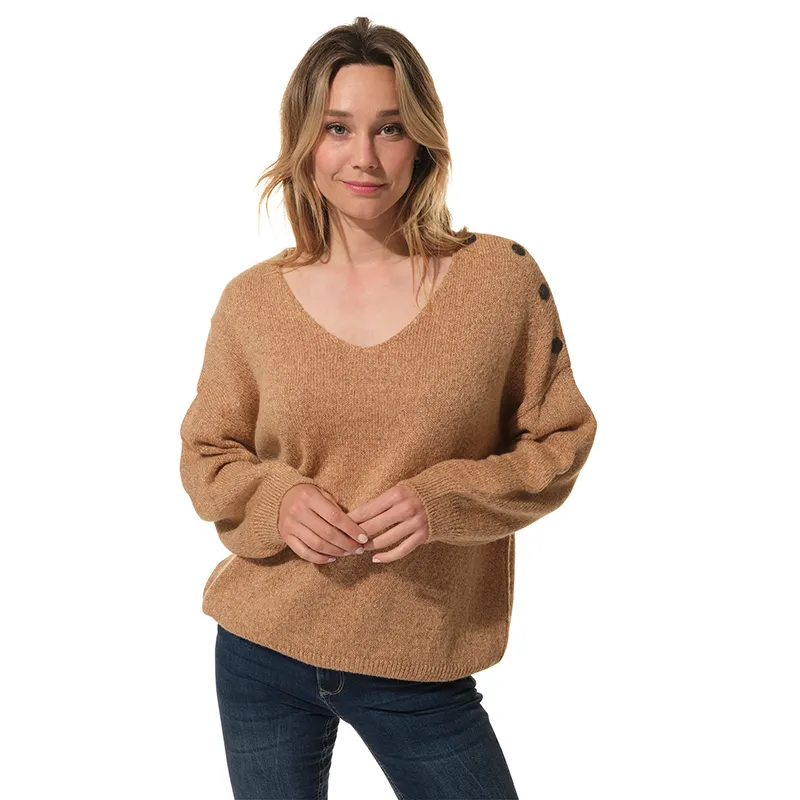 Pull Figue Oversize Col V fil Lurex Femme - Camel-0