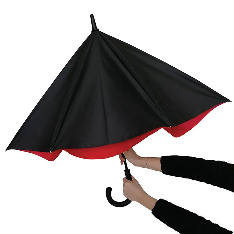 Grand parapluie long résistant au vent D.128cm - Noir/Rouge-1