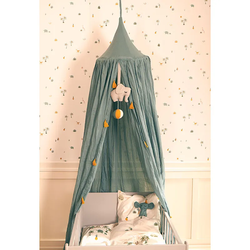 Ciel de lit Coton BIO Pompons Gris Mer - 200cm-3