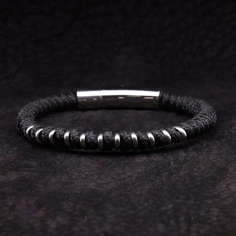 Bracelet corde & acier Ring - Noir-1
