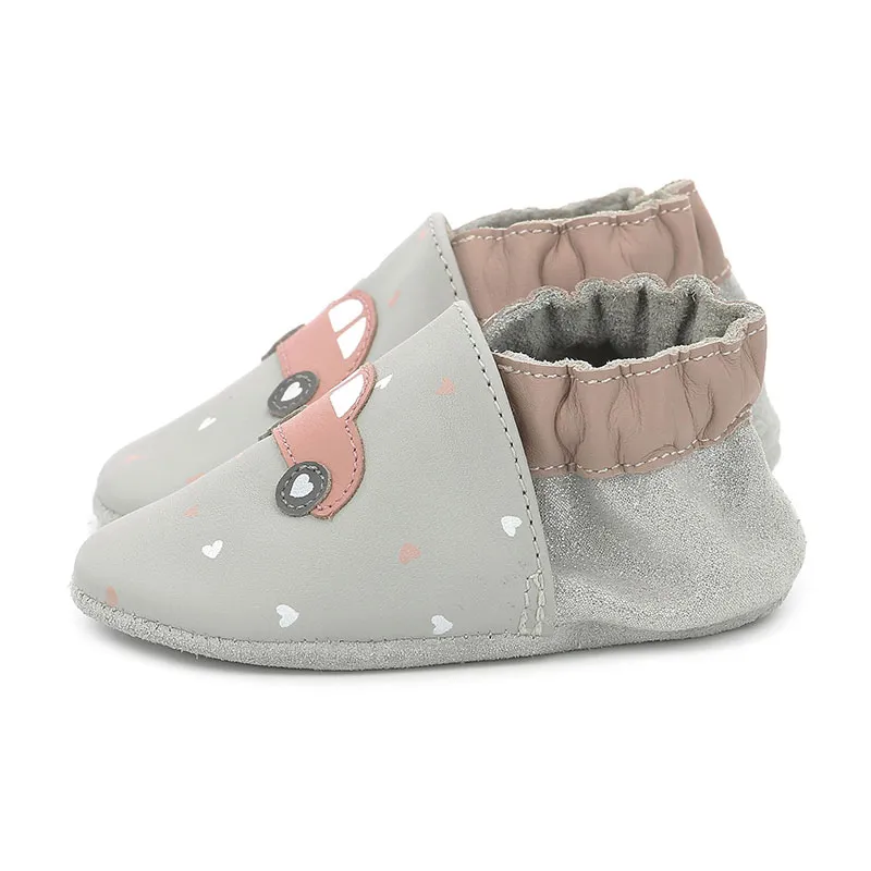Chaussons cuir Soft Soles Voiture - Gris/Argenté/Vieux Rose-3