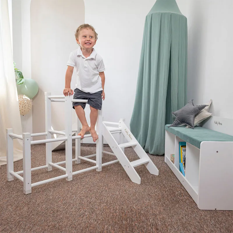 Aire de jeux Bois + Toboggan + Cadre d'escalade Blanc - 156x105cm-5