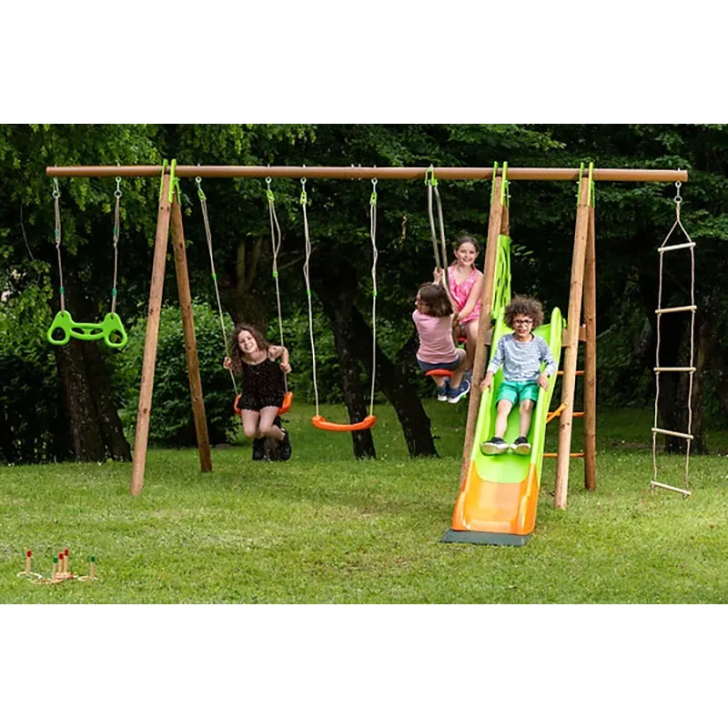Portique Bois & Métal 2,3m 5 agrès + plateforme + toboggan Octavo - 3+-1