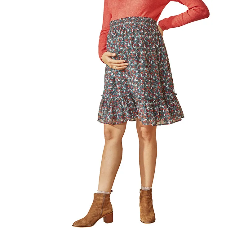 Jupe courte de grossesse Smock Fleurs - Vert/Rouge-0