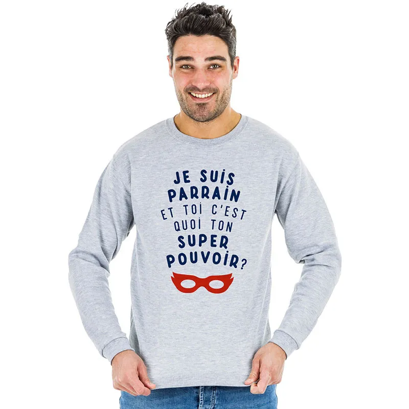 Sweat Homme Parrain, et toi ton pouvoir? - Gris chiné-0