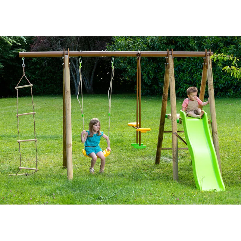 Portique bois 1,90m 3 Agrès + 1 Toboggan Oreka - 3+-1
