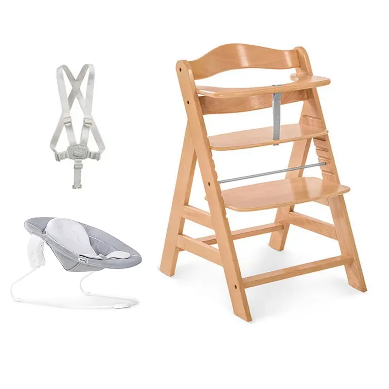 Chaise haute Alpha+ Naturel + Transat Bouncer Alpha 2en 1 Gris - 0m+-0