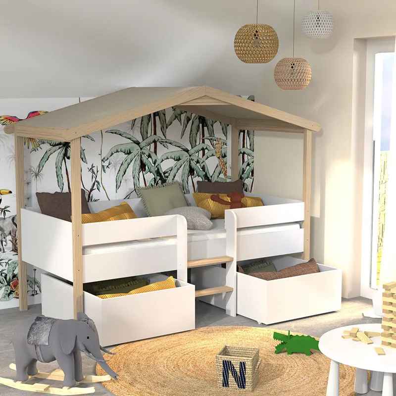 Lit cabane + Sommier Pilotis Blanc/Naturel - 90x190cm-5
