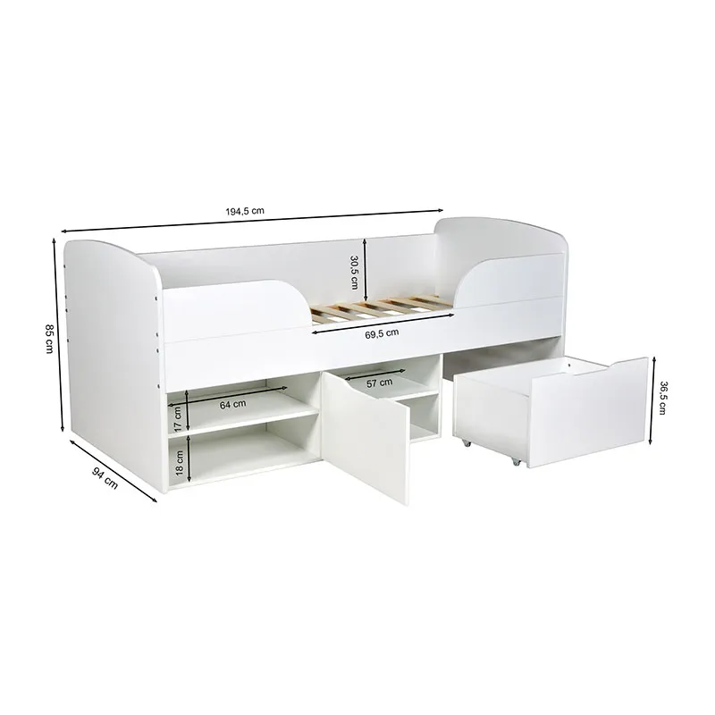 Lit mi-hauteur avec rangement + Sommier + Rangements Elio Blanc-6