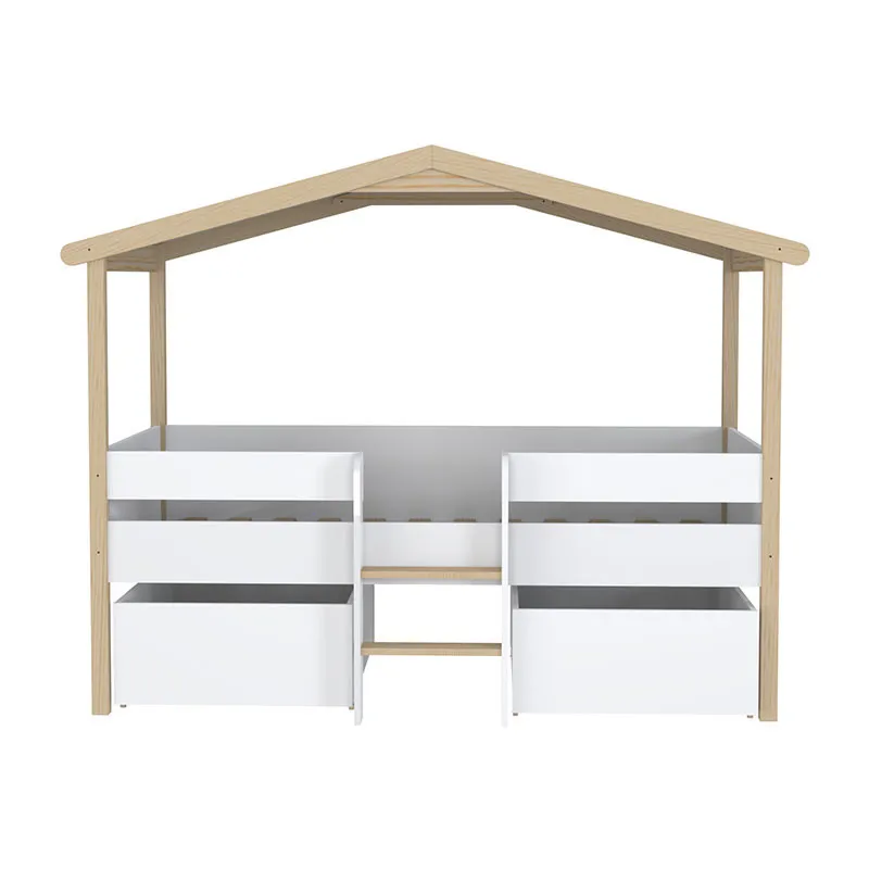 Lit cabane + Sommier Pilotis Blanc/Naturel - 90x190cm-6