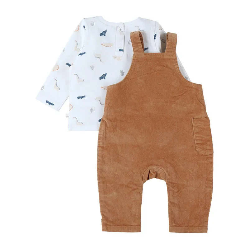 Salopette + T-shirt ML Dinos - Marron/Blanc-2
