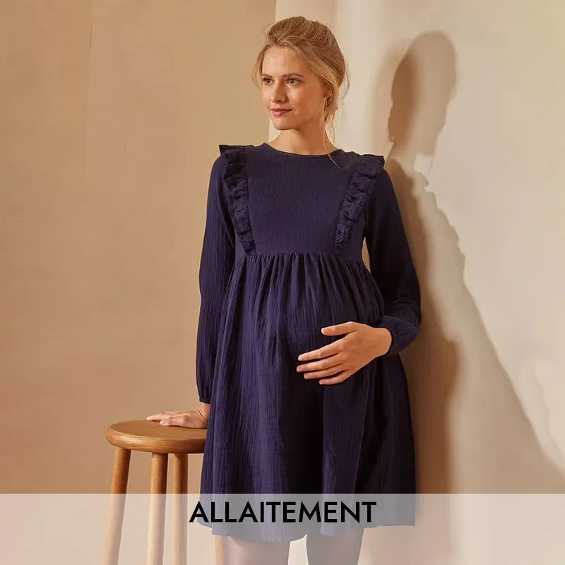Robe de grossesse gaze de coton - Encre-0