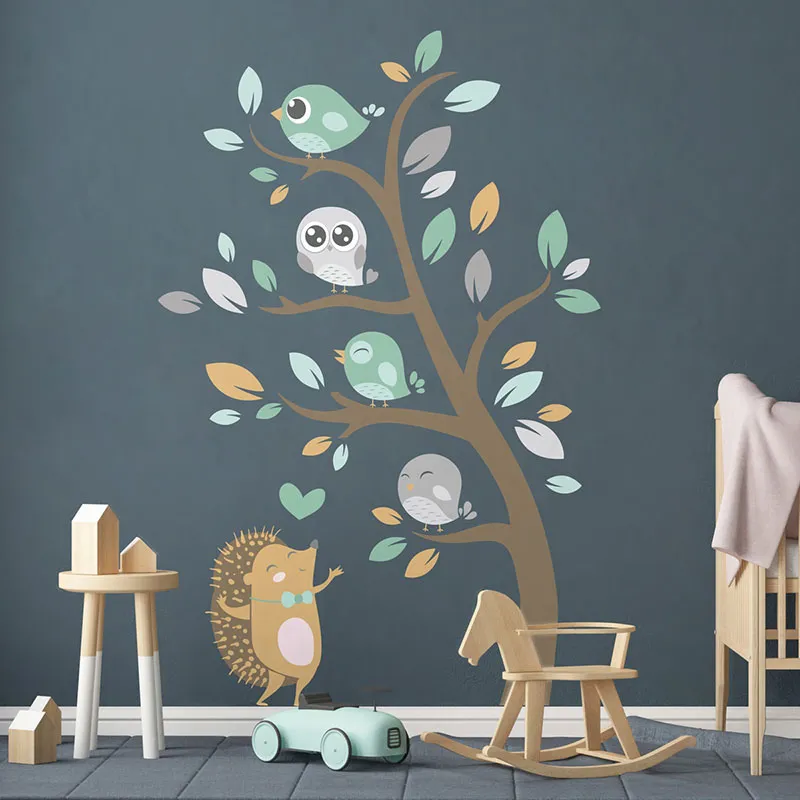 Stickers - Hérisson & Oiseaux Vert/Gris-3