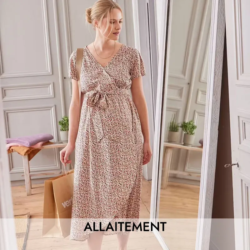 Robe longue de grossesse ceinturee - Ecru-0