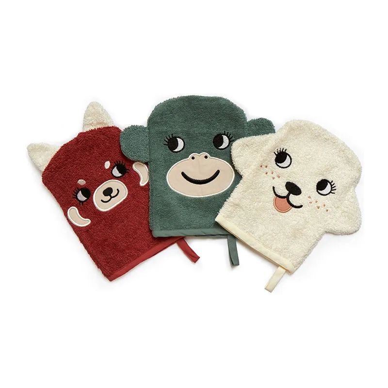 3 Gants de toilette Coton BIO Animaux - 21x15cm-0