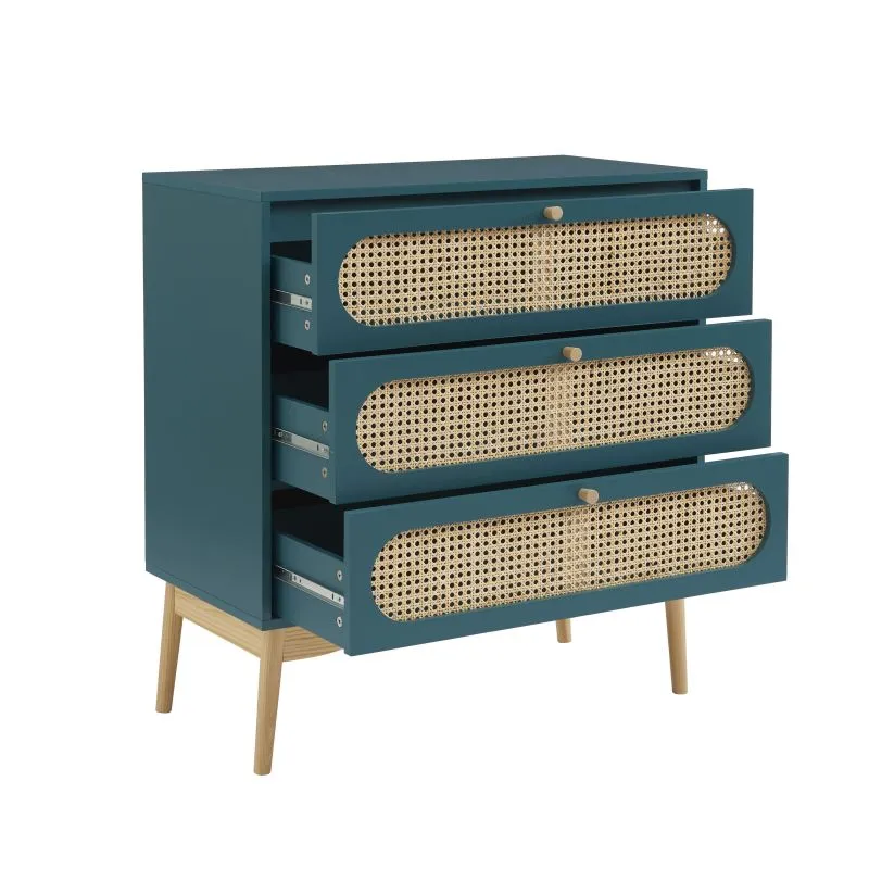 Commode Sixtine Bleu canard Rotin 3 tiroirs - 80x40x85cm-6