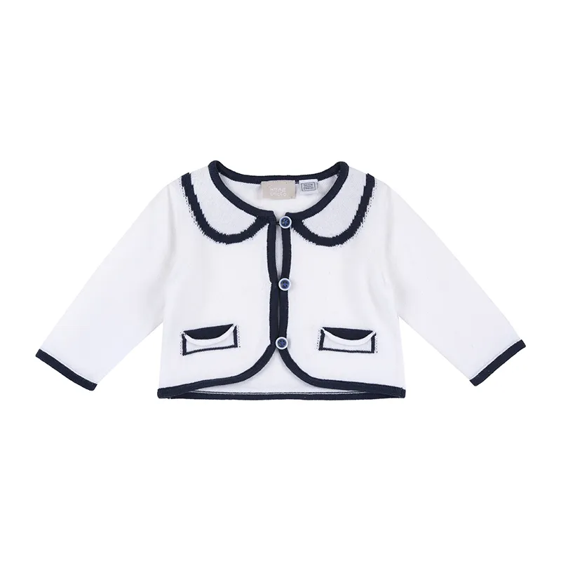 Cardigan col claudine - Blanc/Marine-0