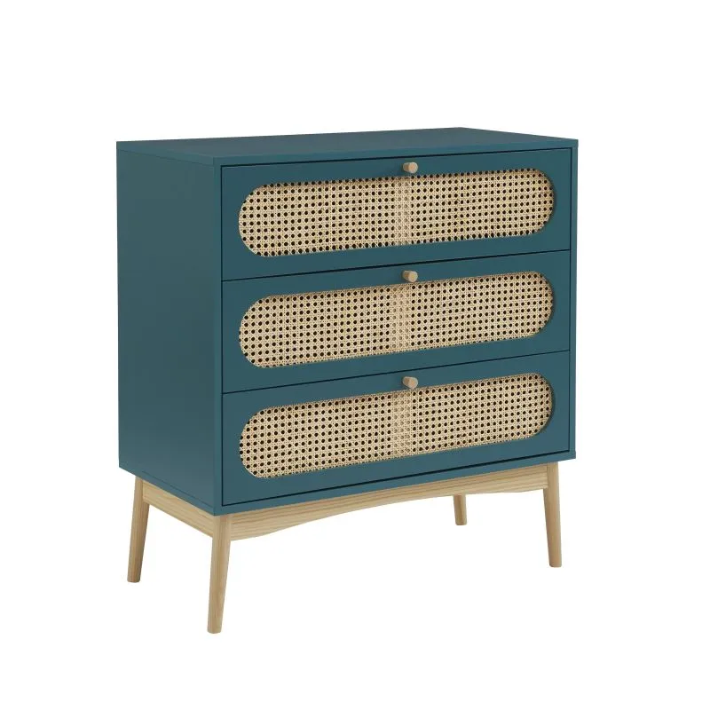 Commode Sixtine Bleu canard Rotin 3 tiroirs - 80x40x85cm-1