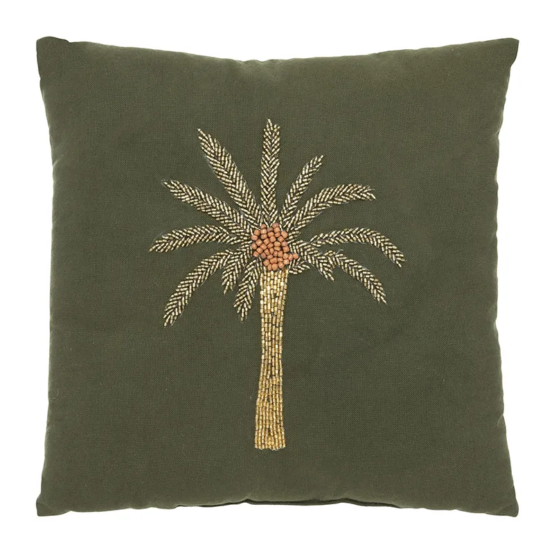 Coussin brodé avec perles Tropical Vert Kaki - 30x30cm-0