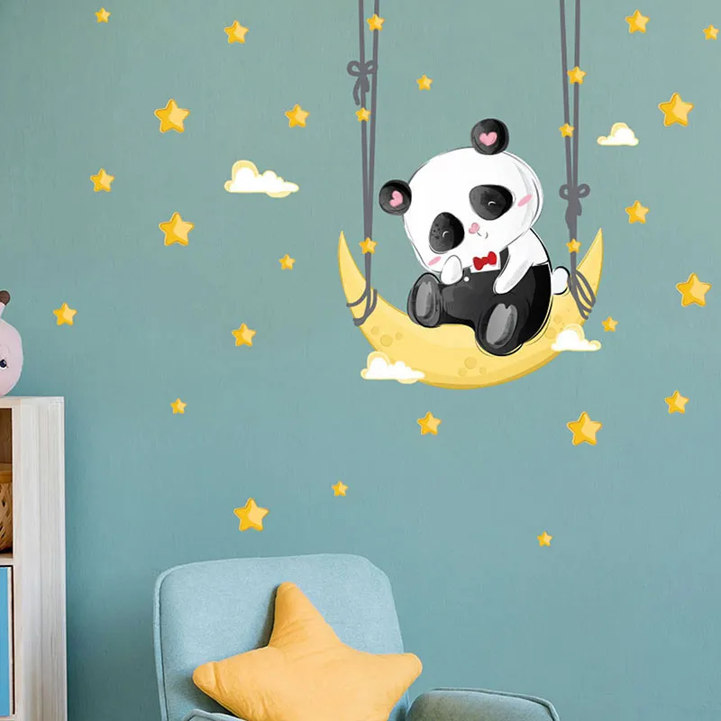 Stickers - Panda balançoire sur la lune + 130 étoiles-0