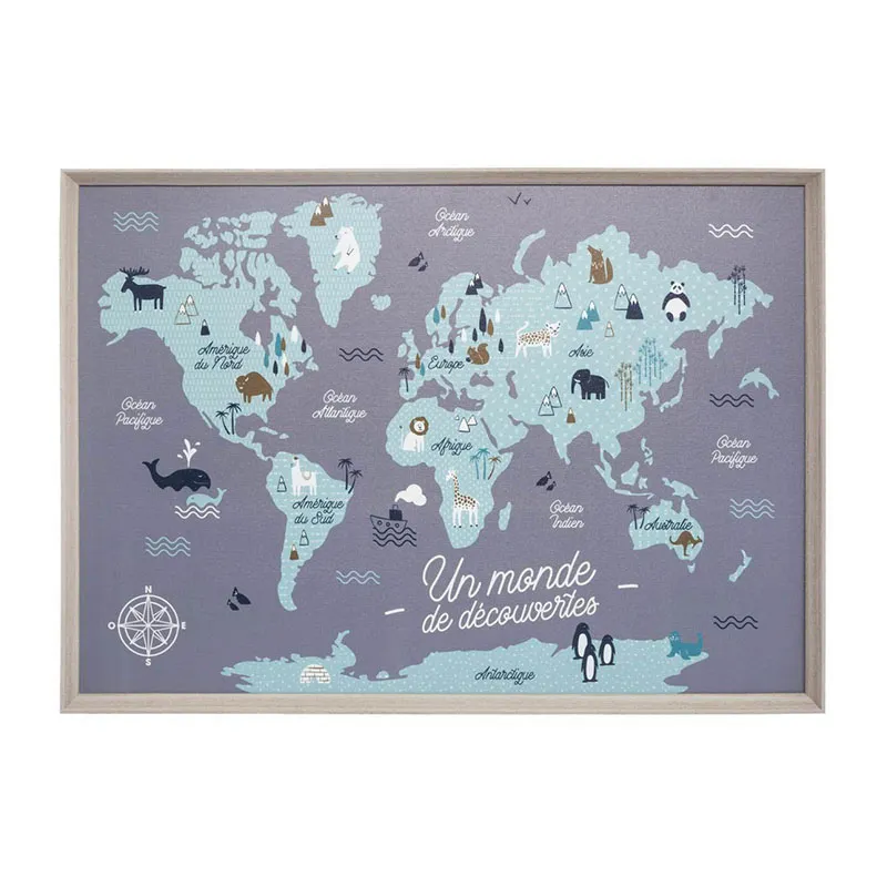 Tableau carte du monde Bleu/Naturel - 50x70cm-0