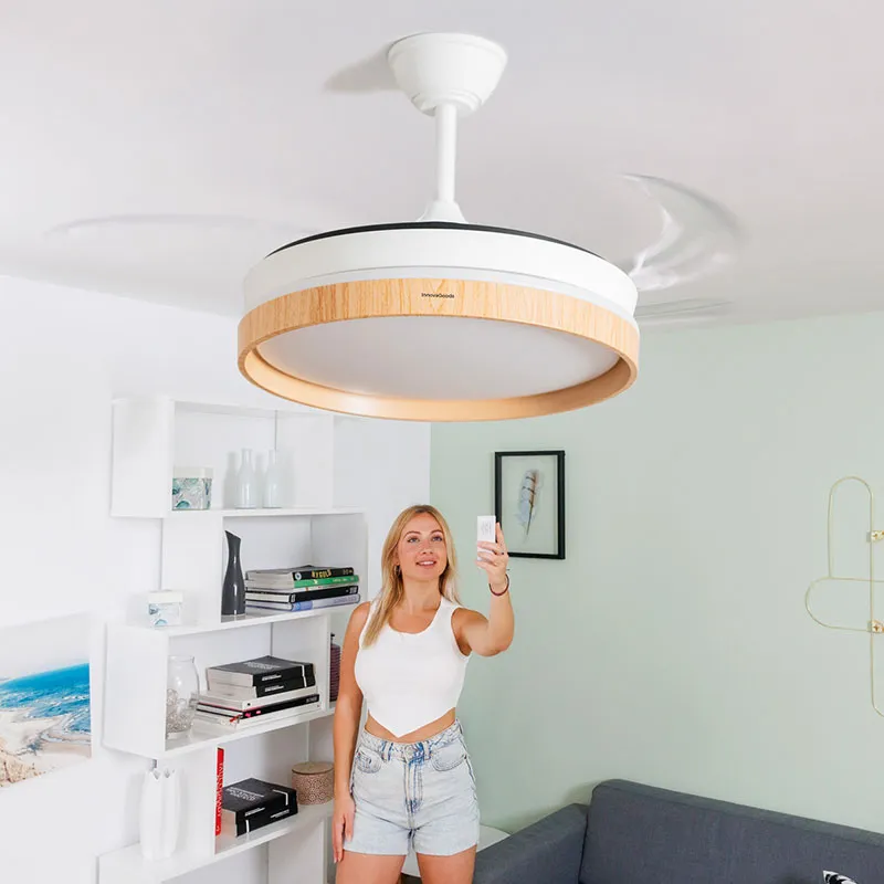 Ventilateur de Plafond 72W + Lumière LED + 4 Pales Rétractables Bois - Ø49-104cm-0